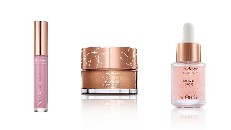 Drei Kosmetikprodukte von M Asam: Push-Up Lipgloss, Magic Finish Make-Up und Glow Up Drops mit Pipette