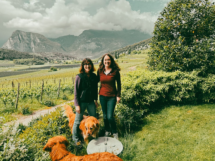 Zwei Frauen stehen auf einer Wiese neben zwei Golden Retrievern vor einer Landschaft mit Bergen und Weinbergen
