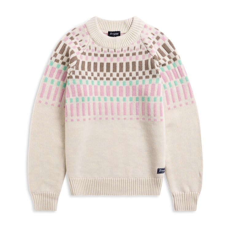 Pullover mit Rundhalsausschnitt und mehrfarbigem Muster aus Rechtecken und Linien im oberen Bereich