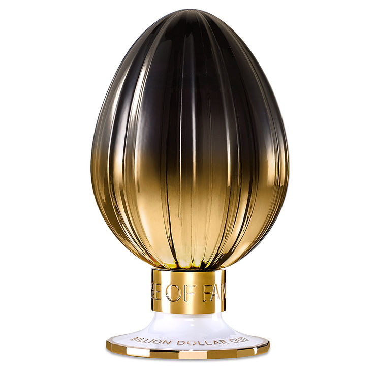 Goldfarbene, eiförmige Trophäe mit vertikalen Rillen auf einem runden Sockel mit der Aufschrift 'BILLION DOLLAR'