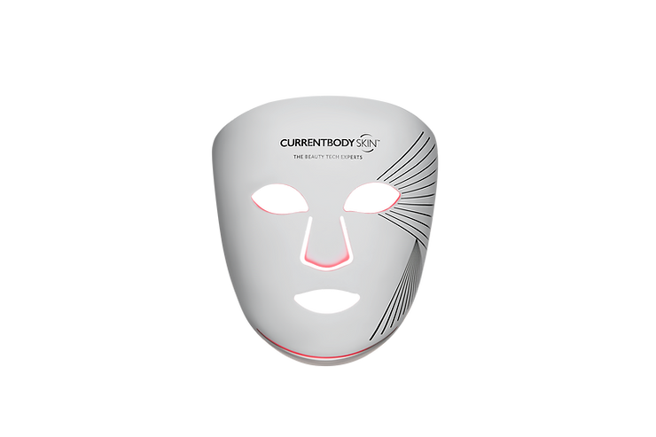 Gesichtsmaske mit Aussparungen für Augen, Nase und Mund sowie Linienmuster auf der rechten Gesichtshälfte