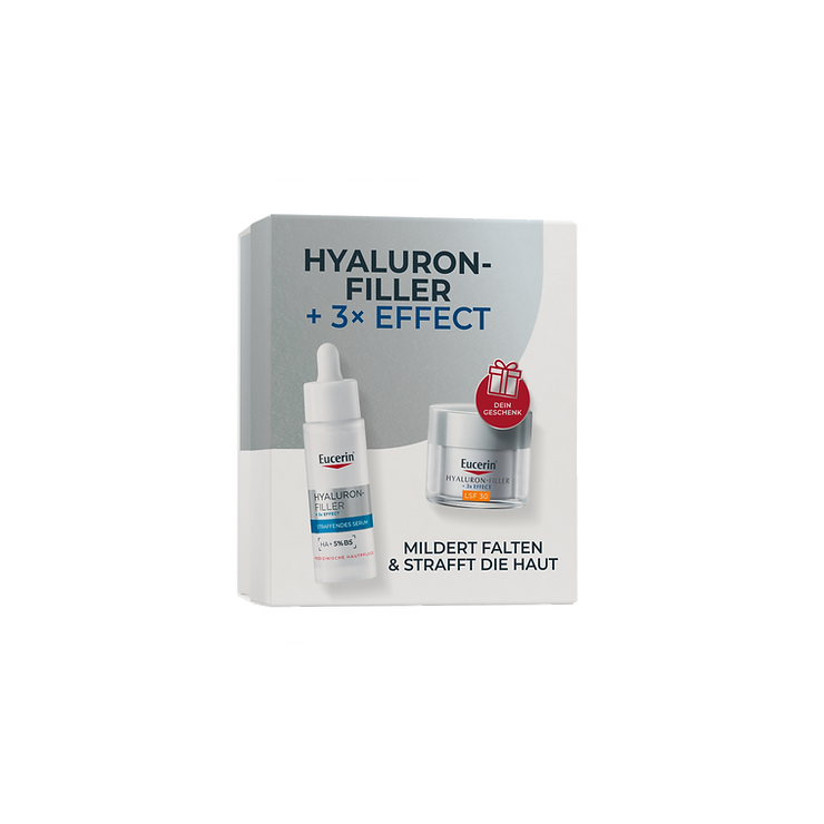 Verpackung mit Eucerin Hyaluron-Filler Serum und Creme mit Text 'HYALURON-FILLER + 3x EFFECT' und 'MILDER FALTEN & STRAFFT DIE HAUT'