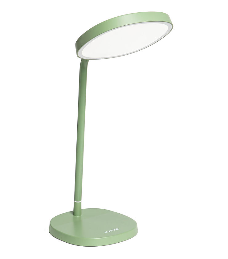 Grüne Schreibtischlampe mit rundem Lampenschirm und rechteckigem Sockel