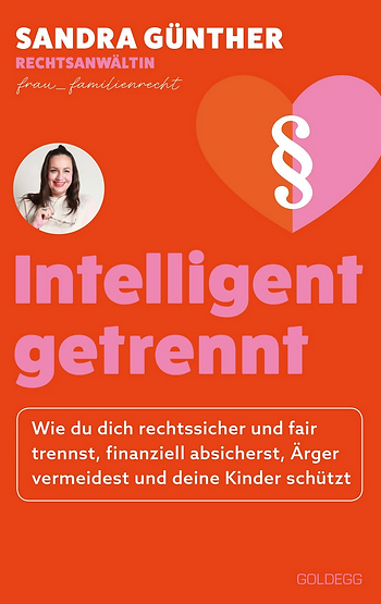 Porträt einer Sandra Günther mit langen Haaren neben einem großen Herz mit Paragraphenzeichen und Text zu rechtlicher Trennung und finanzieller Absicherung