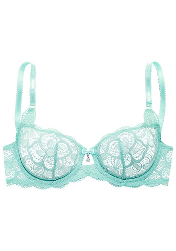 Spitzenbesetzter Bügel-BH mit verstellbaren Trägern und kleinem Schmuckanhänger in der Mitte