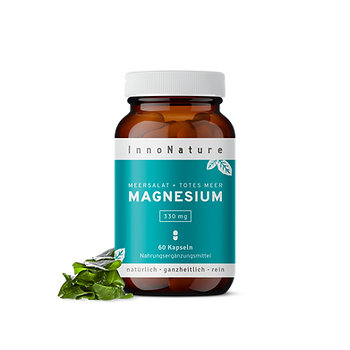 Braune Kunststoffdose mit weißem Deckel und türkisfarbenem Etikett der Marke InnoNature mit Magnesium-Kapseln und Meersalat-Motiv