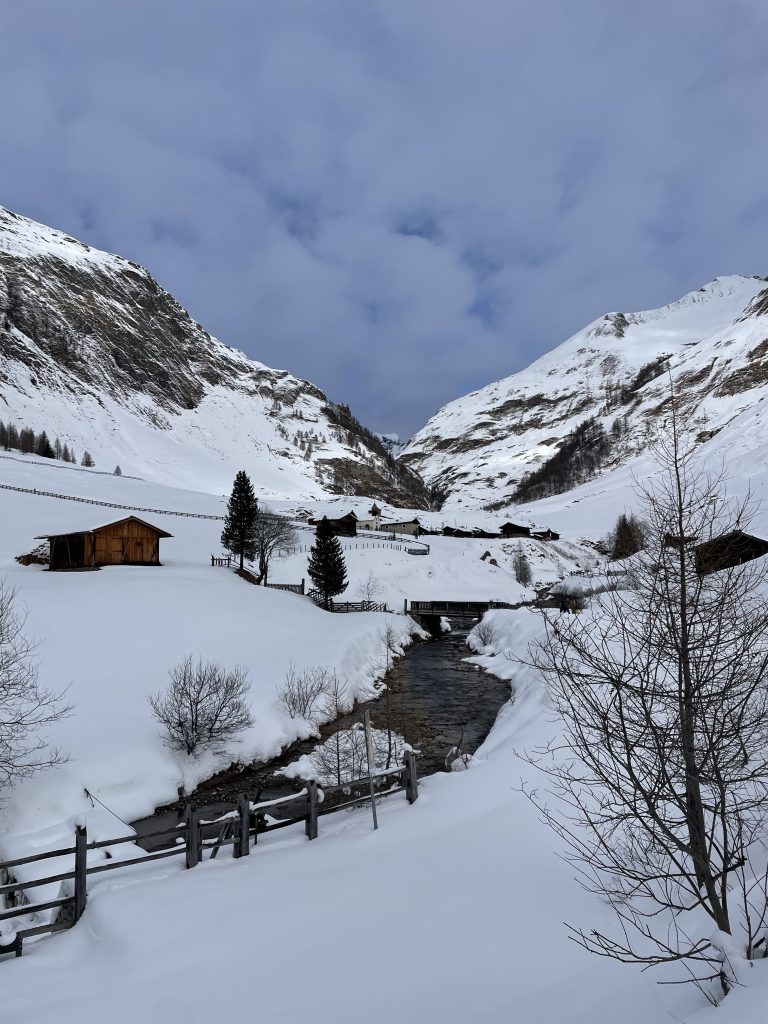 Schneebedecktes Tal mit Bach, Holzhütten und kahlen Bäumen vor bewölktem Himmel und schneebedeckten Bergen
