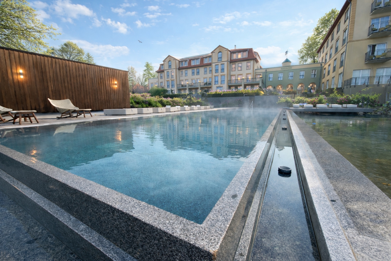 Naturstein-Außenpool des Naturresorts & Spa Schindelbruch im Südharz mit dampfendem Wasser und Blick auf das Hotelgebäude