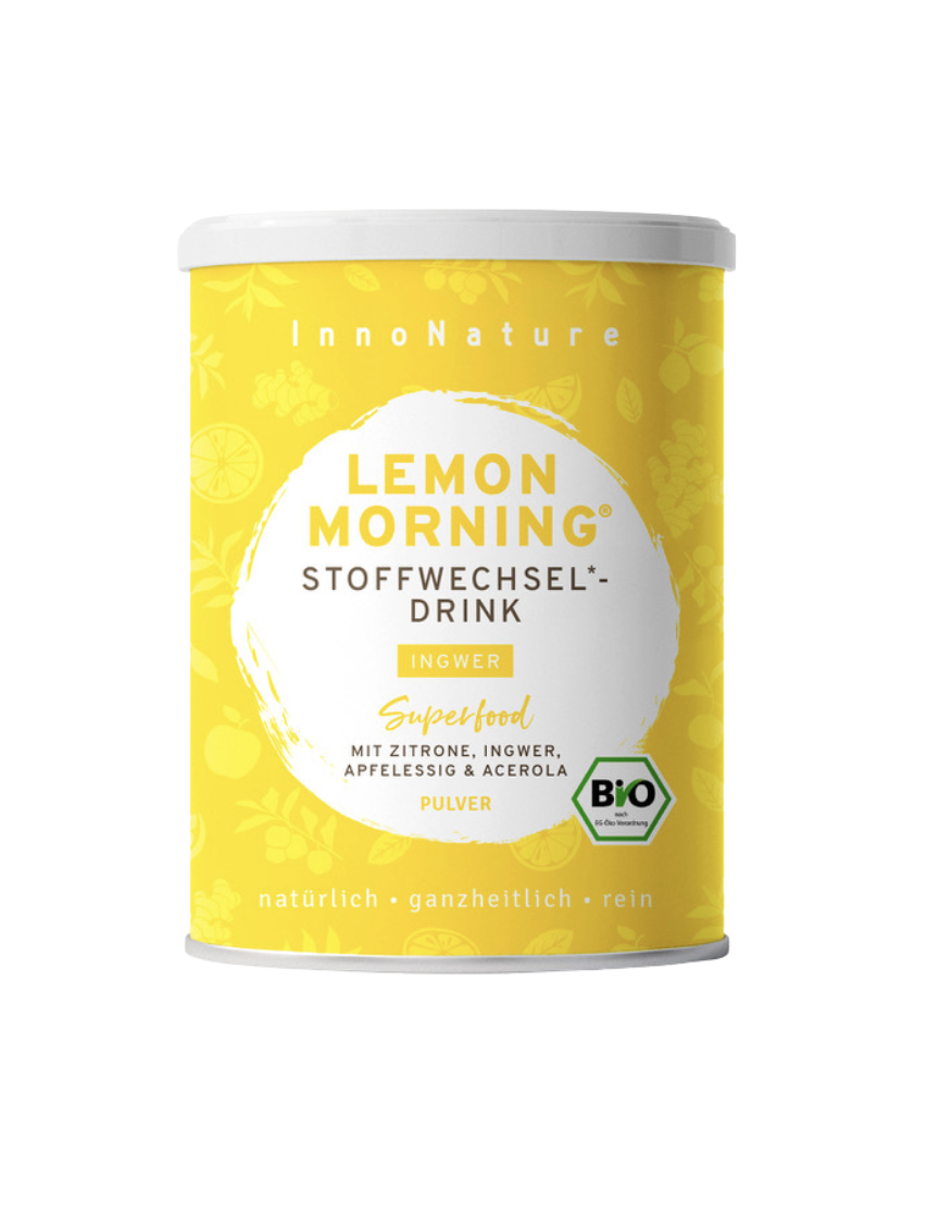InnoNature Lemon Morning Stoffwechsel-Drink mit Zitrone, Ingwer und Apfelessig auf hellem Hintergrund.