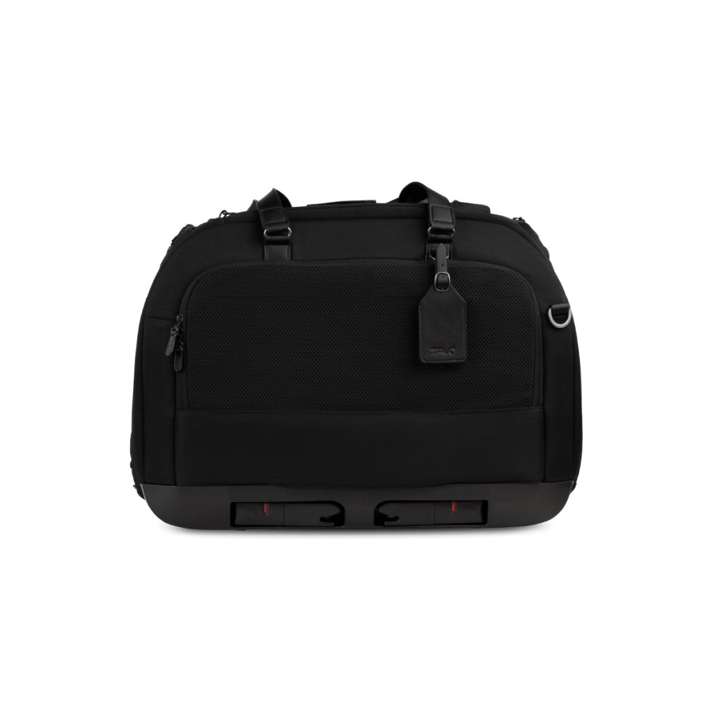 Schwarze Reisetasche mit zwei Griffen, Fronttasche mit Reißverschluss und abnehmbarem Anhänger