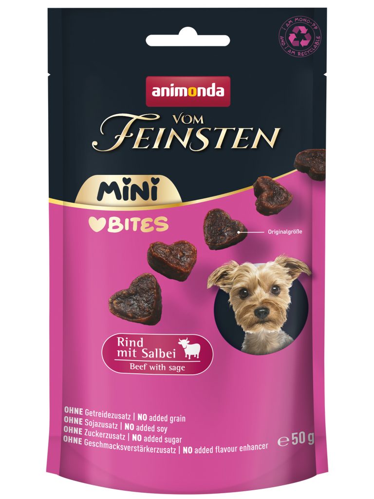 Verpackung von Animonda Vom Feinsten Mini Bites Hundesnack mit Rind und Salbei, rosa und dunkelblau, mit Hundebild und herzförmigen Snacks