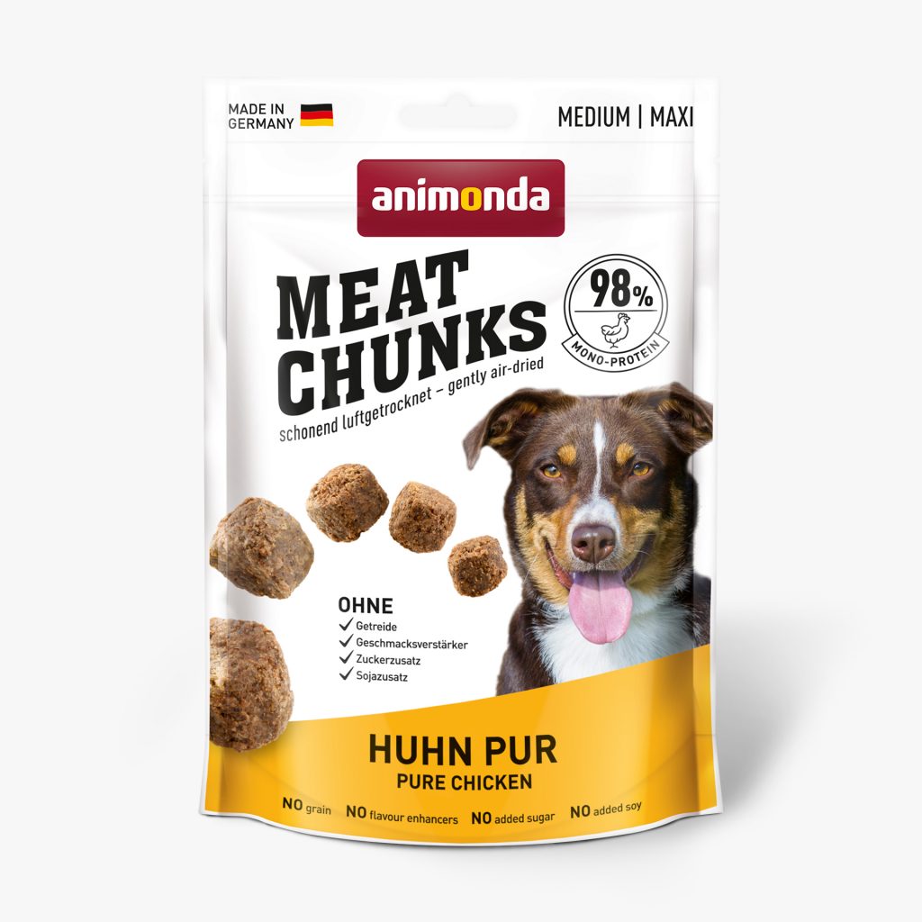 Verpackung von Animonda Meat Chunks Huhn Pur mit Hund und Fleischstücken
