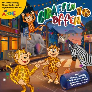 Straßenszene mit anthropomorphen Affen in Giraffenmuster-Kostümen, einem Zebra, einem Elefanten und einem Nashorn, bunte Girlanden und Text 'GIRAFFEN affen 10'