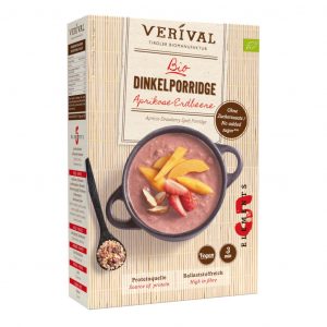 Verival Bio Dinkelporridge Aprikose Erdbeere Verpackung mit Bild einer Schale Porridge garniert mit Aprikosen- und Erdbeerscheiben