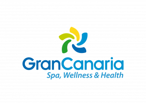 Logo mit stilisierten, gebogenen Formen in Gelb, Grün und Blau über dem Schriftzug 'GranCanaria Spa, Wellness & Health'