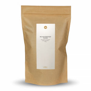Braune Verpackung mit weißem Etikett und der Aufschrift 'BIO AKAZIENFASER PULVER Bio-Qualität, vegan, glutenfrei, ohne Zusätze 400 g'