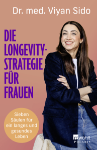Porträt einer lächelnden Dr. med. Viyan Sido mit langen braunen Haaren, die einen dunkelblauen Blazer und blaue Jeans trägt, vor einem orangefarbenen Hintergrund mit Texten.